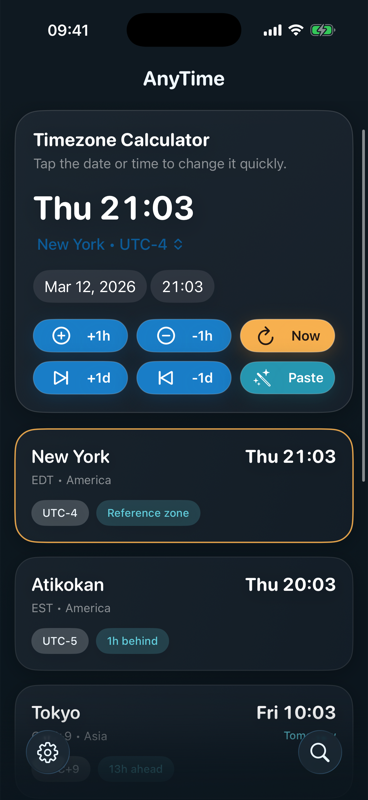 AnyTime home screen in dark mode