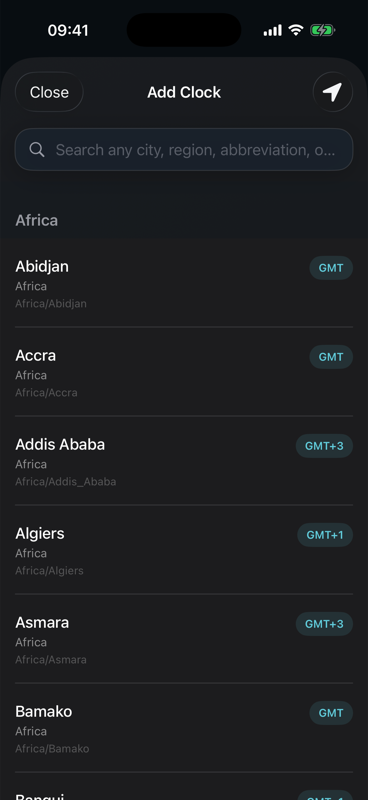 City search in dark mode