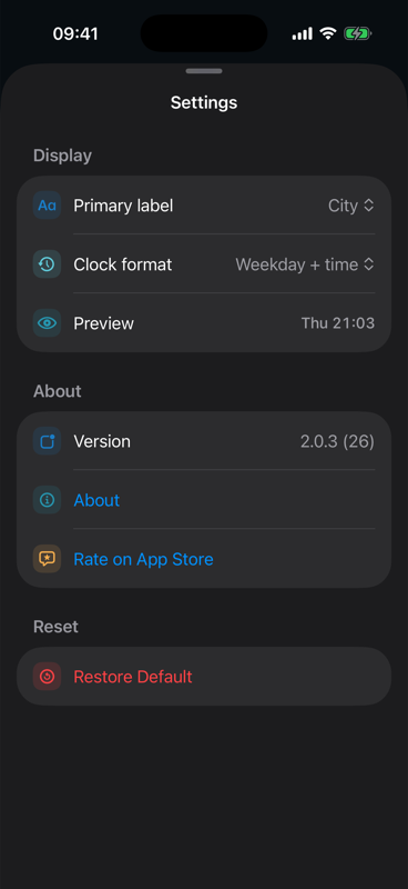 Settings in dark mode