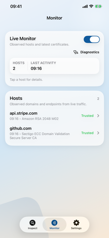 Live Monitor showing observed hosts and certificates