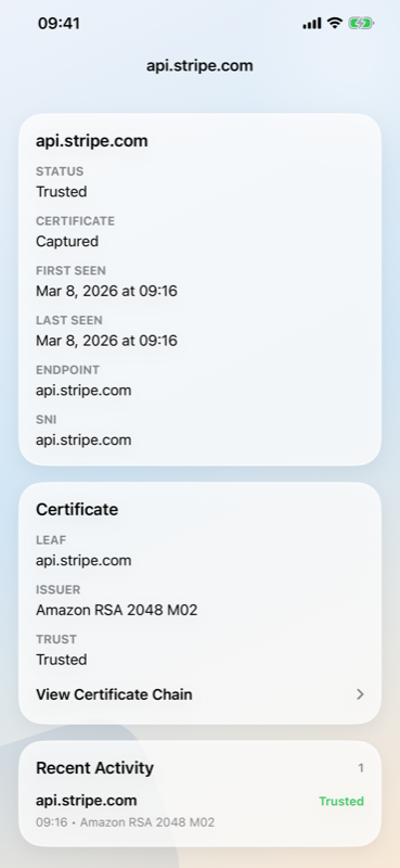 Host detail view showing trust status and certificate info