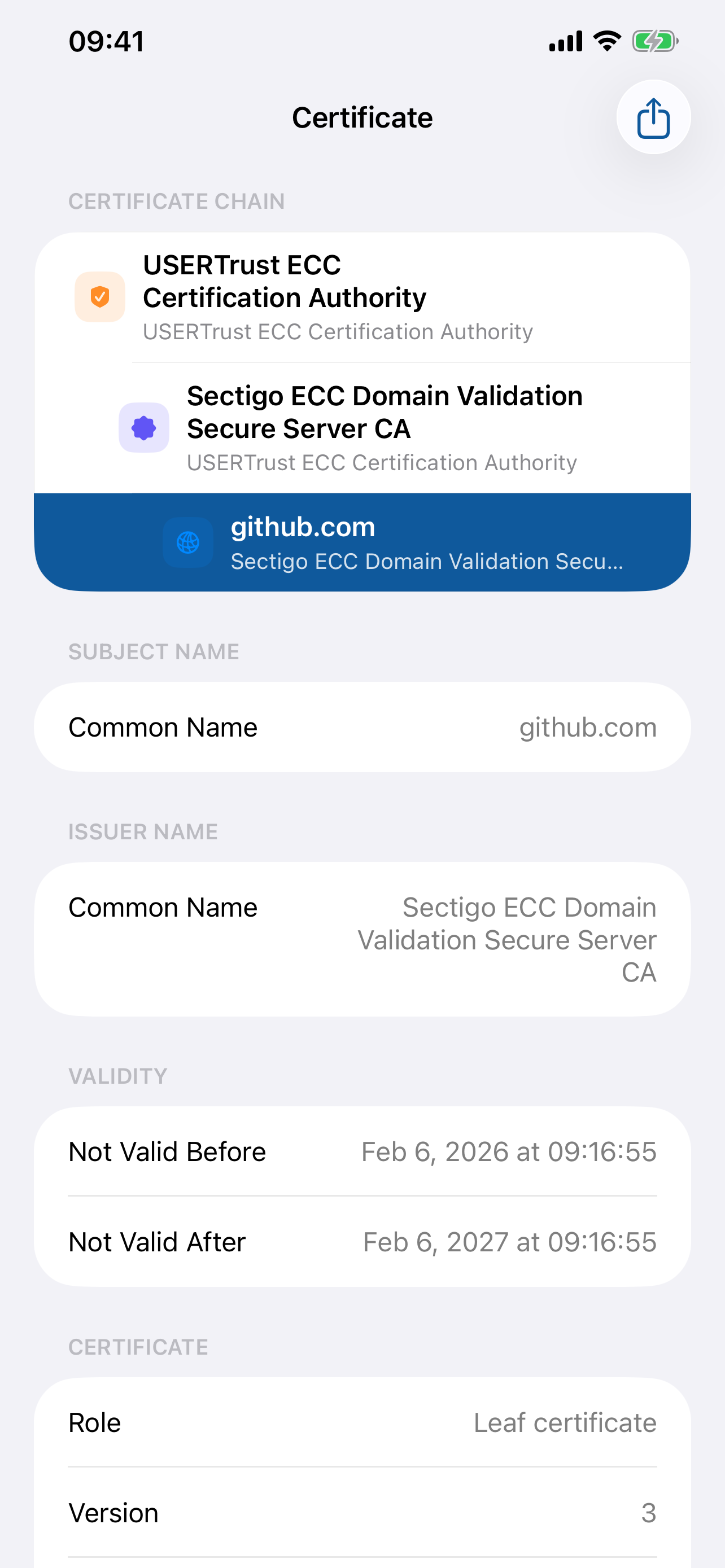 Certificate chain view showing full X.509 details