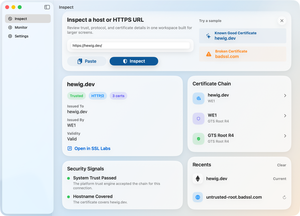 Inspect for Mac showing certificate workspace